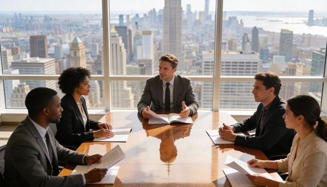 Executive leading high-level boardroom meeting with city skyline view