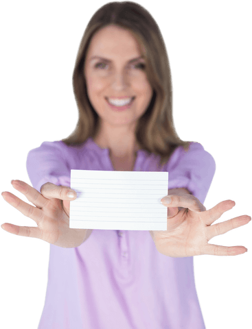 Smiling woman holding blank transparent card forward