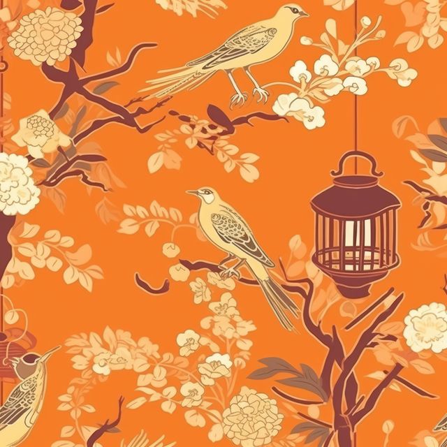 This image features a seamless pattern of vintage-style birds and a lantern on branches with floral elements, set against a vibrant orange background. The design is elegant and nature-inspired, making it perfect for use in textile design, wallpaper, gift wrapping, and home decor products. The intricate details create a sophisticated and timeless aesthetic.