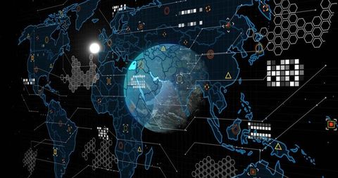 Earth globe projecting futuristic data visualization hud with global network overlays