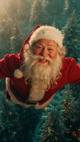 Vertical Santa Approaching Camera Laughing and Cheering in Snowy Pine Forest Holiday Video
