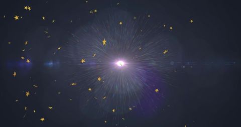 Radiating purple white starburst emitting radial light rays with floating gold stars