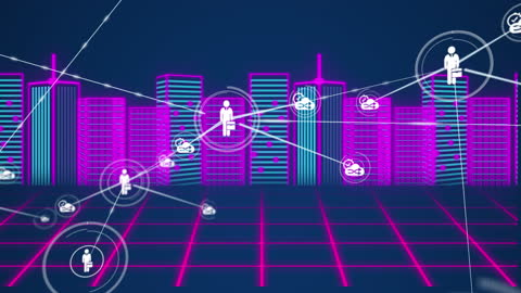 Digital Network of Connected Business Icons on Futuristic Cityscape
