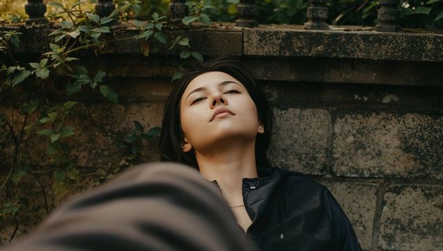 Young woman reclining at mossy stone wall, contemplative gaze, serene urban garden solitude