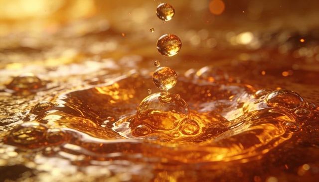 Golden viscous droplet forming crown splash with reflective amber ripples and bubbles