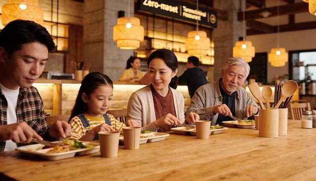 Asian multigenerational family enjoying casual meal together at cozy wooden cafe counter