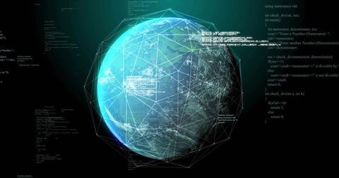 Rotating 3D globe with wireframe network, floating code representing global data exchange