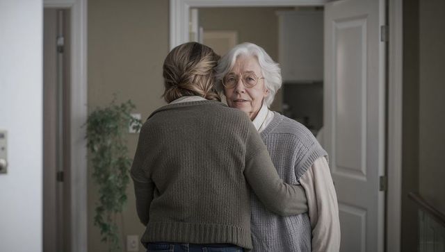 Adult daughter hugging senior mother in home hallway showing care and support intergenerational care