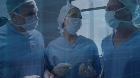 Team of Surgeons Discussing During Operation with Data Overlay