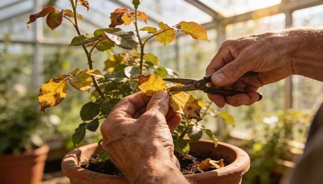 Senior hands pruning yellowed rose leaves in sunlit greenhouse