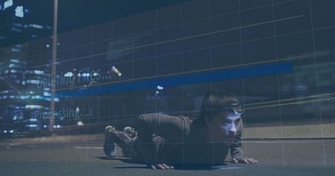 Woman Crawling on Urban Street at Night with Futuristic Grid Overlay