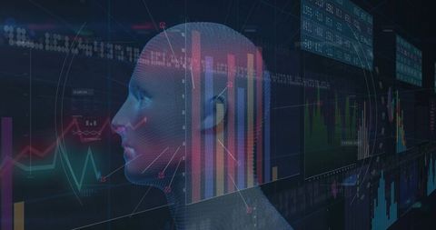 Futuristic Mesh Head with Data Visualization in Digital Space