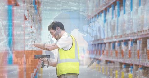 Warehouse Worker Processing Orders with Futuristic Digital Overlay