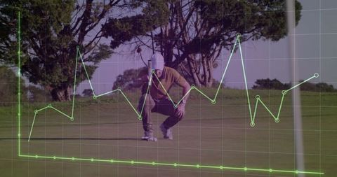 Golfer analyzing putting line with performance graph overlay