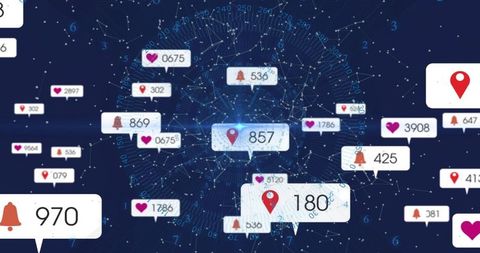 Floating Geolocation and Notification Panels Circling Digital Network Globe with Real-Time Metrics