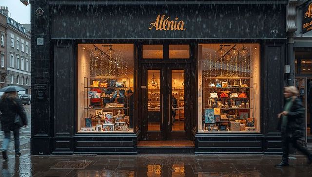 Glowing alénia boutique storefront on rainy evening displaying handbags and curated gifts