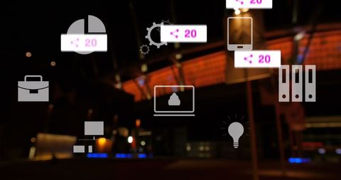 Digital Interface Icons Over Urban Night Cityscape