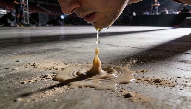 Close-up male lower face dripping brown liquid onto concrete floor splash and ripples
