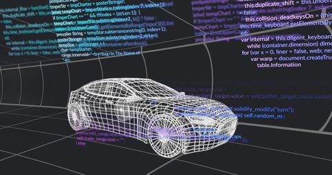 Futuristic 3D Wireframe Sedan Rotating in Virtual Tunnel with Neon Hubs and Floating Code