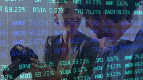 Double Exposure of Office Team Sharing Photos with Stock Market Text Overlay