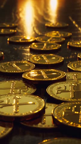 Vertical descent revealing gold cross-embossed coins on reflective table with flickering candlelight