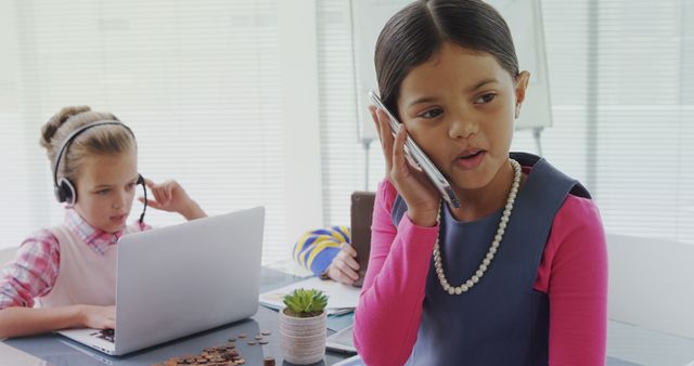 Children Engaged in Business Call in Creative Office Environment - Download Free Stock Images Pikwizard.com