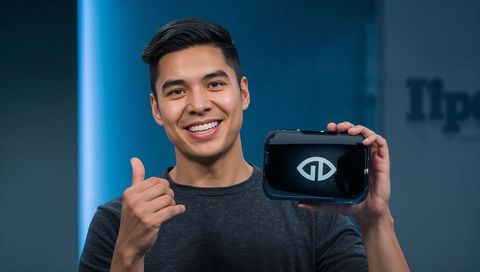Smiling presenter holding handheld vr headset in studio with led strip lighting while demoing gadget