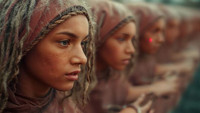 Mysterious females in hooded robes with laser targeting scenario