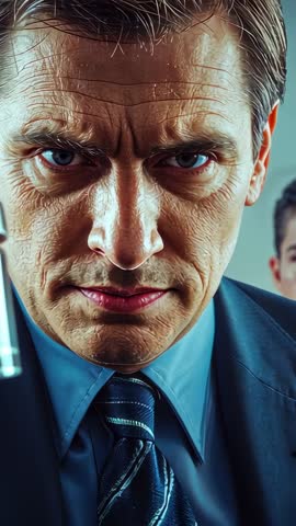 Executive Holding Sample Vial Narrowing Gaze in Boardroom Closeup Vertical Business Clip