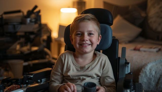 Smiling child holding cup in powered wheelchair in bedroom showing assistive independence