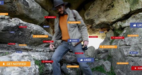 Vlogger exploring rocky cave checking camera surrounded social media notification badges
