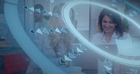 Business Team Collaborating on Laptop with Futuristic Augmented Reality Interface