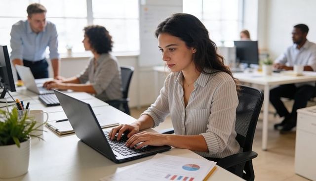 Focused young professional typing at open-plan office desk with laptop and printed charts