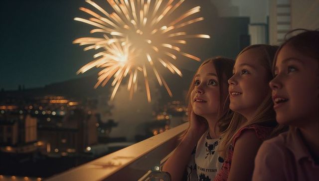 Sisters Watching Fireworks from Balcony at Night