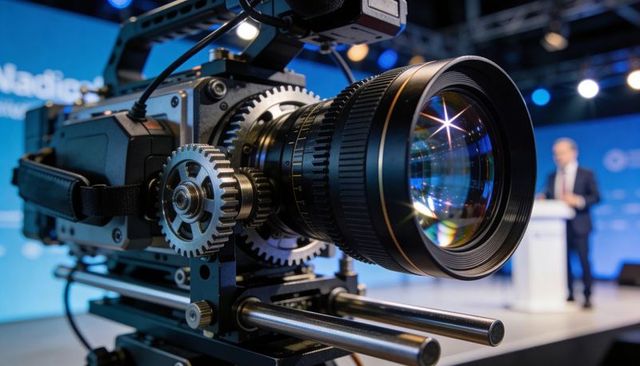 Broadcast camera capturing conference speaker with zoom lens and follow-focus gears