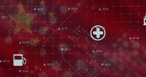Chinese flag in futuristic digital network with infographic icons
