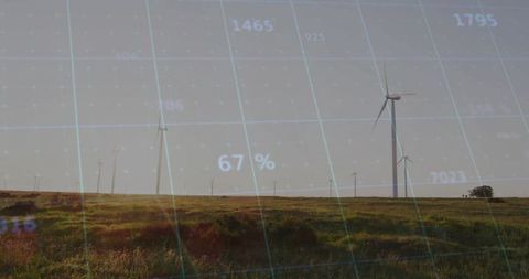 Wind farm data visualization showing wind turbines overlaid with translucent analytics grid