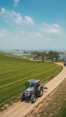 Descending drone filming tractor convoy on winding dirt road across farmland vertical video