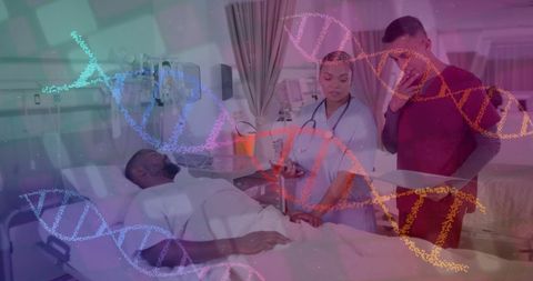 Doctors Consulting Patient with Futuristic DNA Overlay in Hospital
