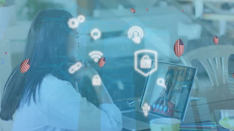 Virtual Meeting with Futuristic American Iconography Overlays