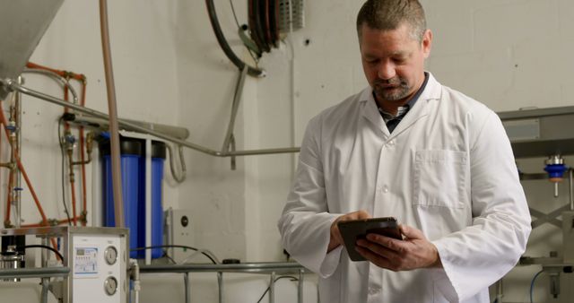 Caucasian scientist reviews data on a tablet in a lab. His focus suggests critical analysis of experimental results at work.