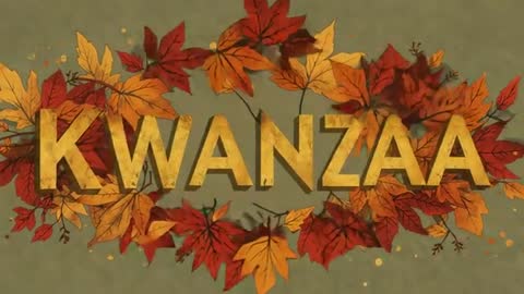 KWANZAA gold wordmark animating with autumn leaf wreath, expanding leaves and gold flecks