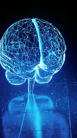 Vertical video rotating blue wireframe brain revealing hemispheres over dark grid plane