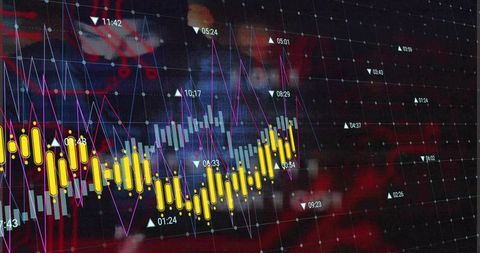 Neon financial trading dashboard with yellow candlestick wave and analytics grid