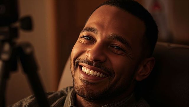 Smiling man in warm home studio headshot wearing collared shirt and sweater, camera bokeh