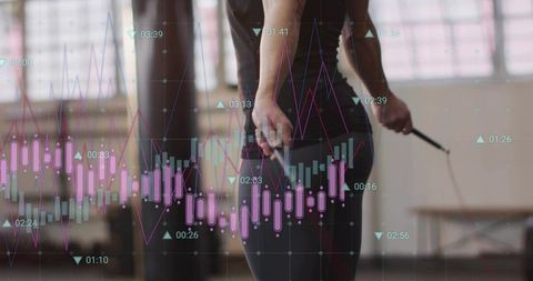 Woman jumping rope with fitness data overlay showing performance metrics and analytics