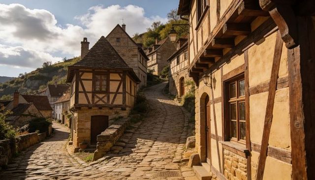 Sunlit medieval hillside village with winding cobblestone street and timber-framed houses