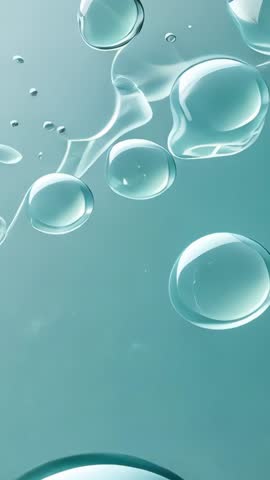 Drifting translucent bubbles merging into fluid flow over teal gradient vertical loop