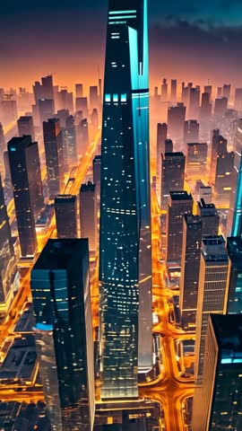 Vertical drone zooming into blue-lit tower at dusk revealing glowing orange road grid