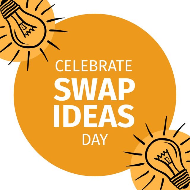 Illustration of celebrate swap ideas day text with bulbs in orange circle on white background. Copy space, vector, celebration, knowledge, teamwork, sharing ideas and thoughts concept.